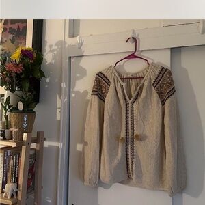 Cream Knit Sweater with Patterned Accents